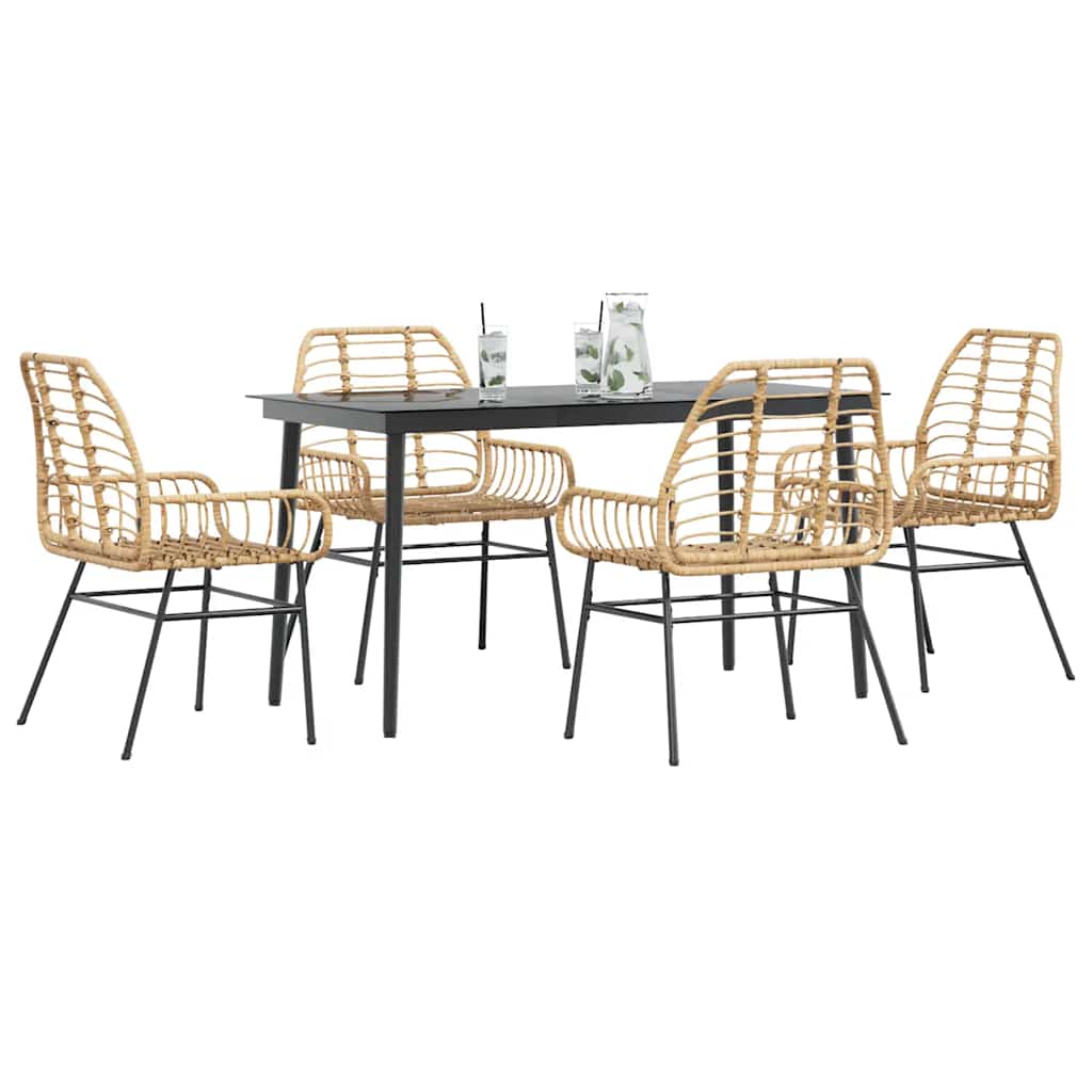 5-delt havespisesæt i polyrattan med glasbord - brun/sort