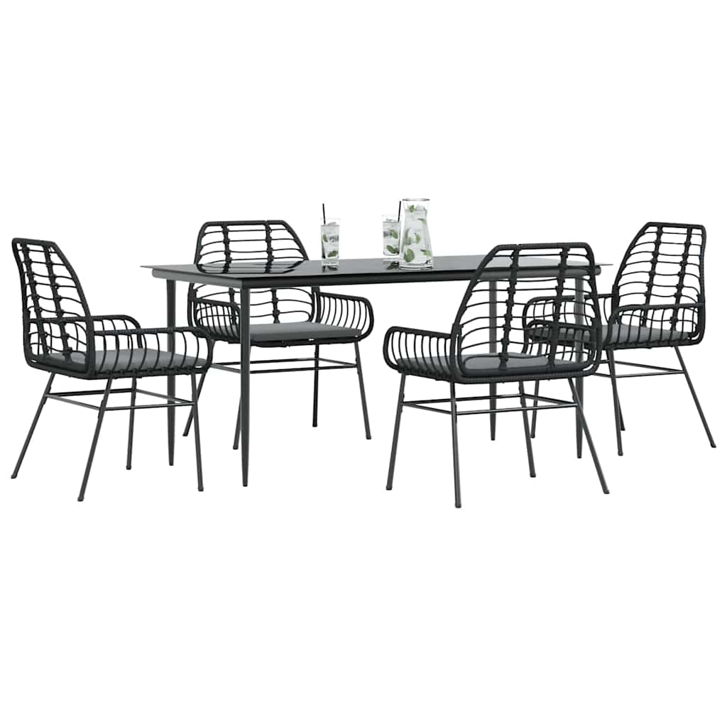 5 dele spisebordsst til haven m. hynder polyrattan glas sort