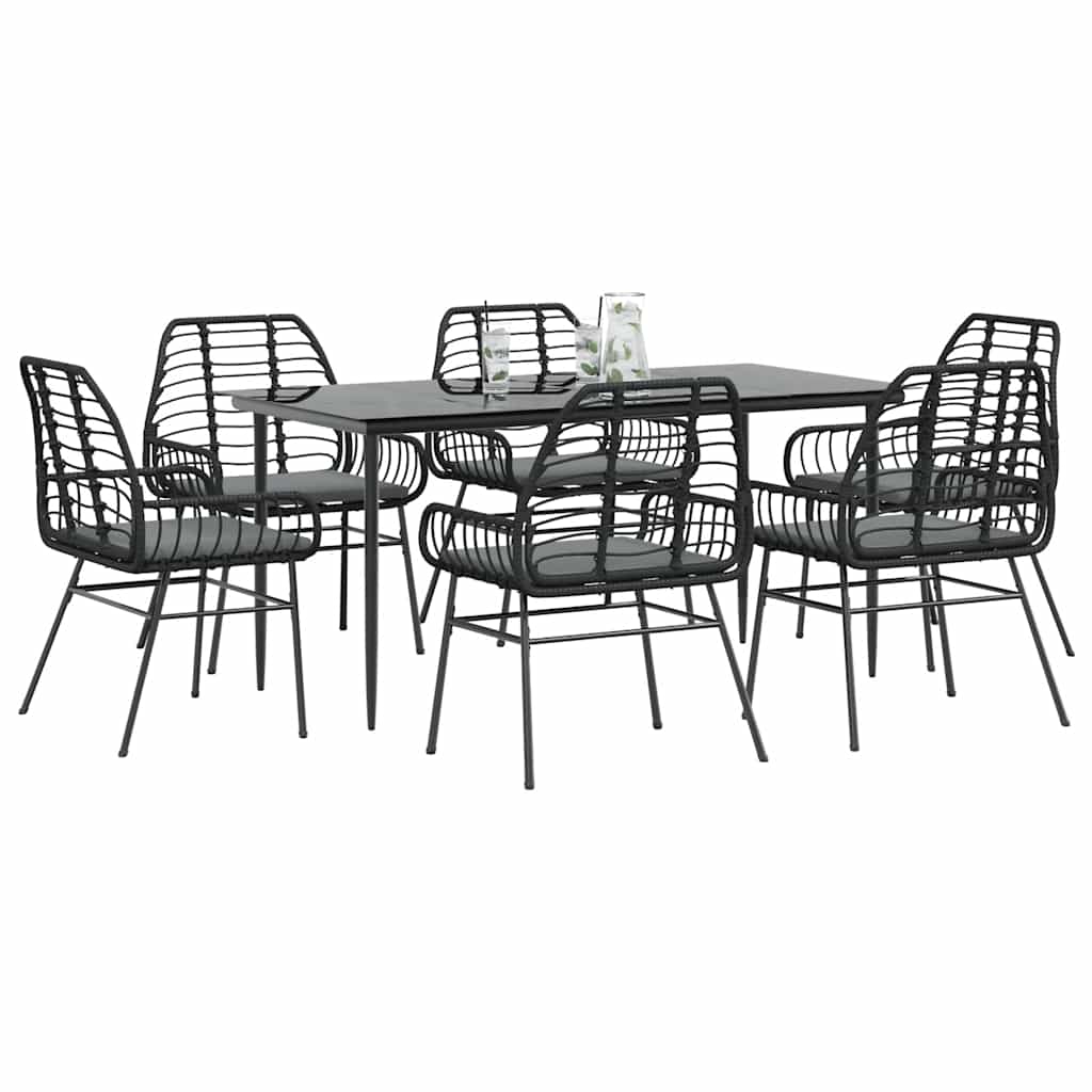 7 dele spisebordsst til haven m. hynder polyrattan glas sort