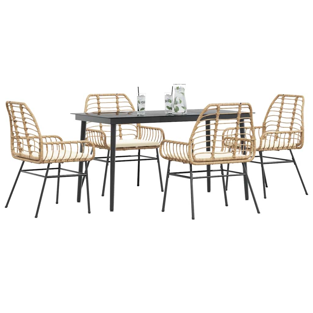 5 dele spisebordsst til haven m. hynder polyrattan glas brun