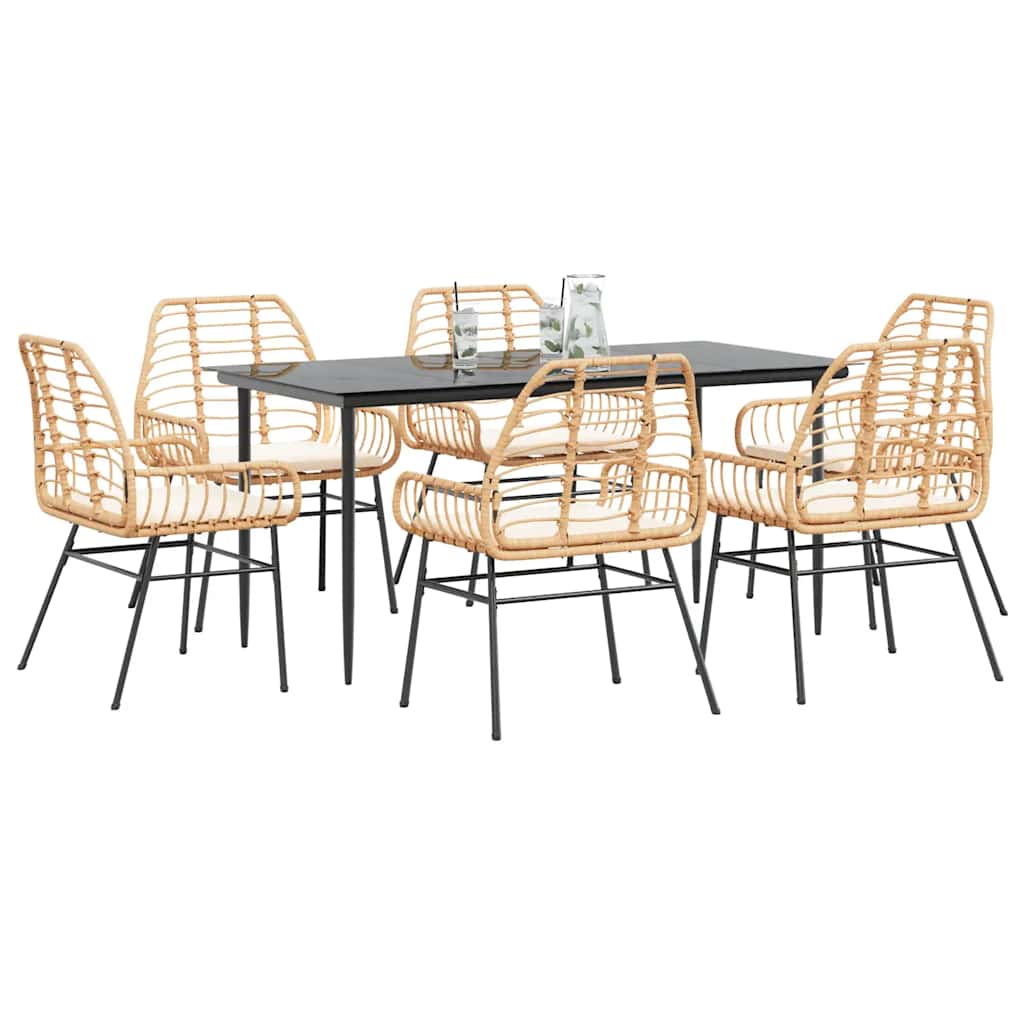7 dele spisebordsst til haven m. hynder polyrattan glas brun