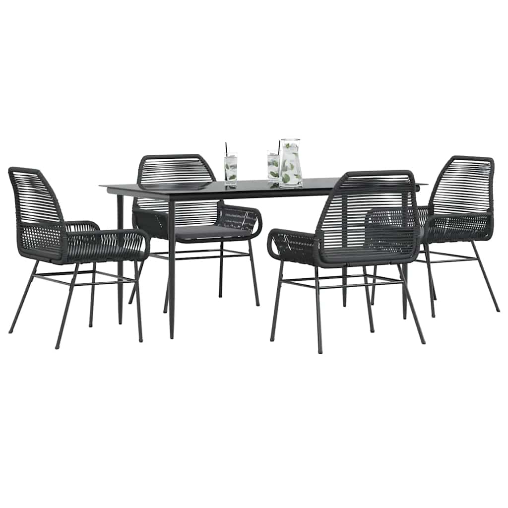 5 dele spisebordsst til haven m. hynder polyrattan glas sort