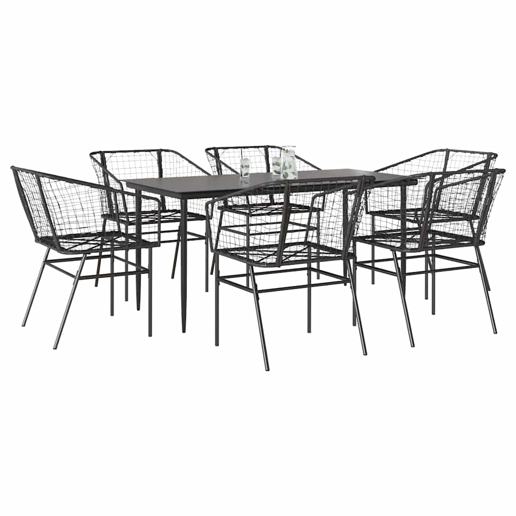 7 dele spisebordsst til haven polyrattan glas sort