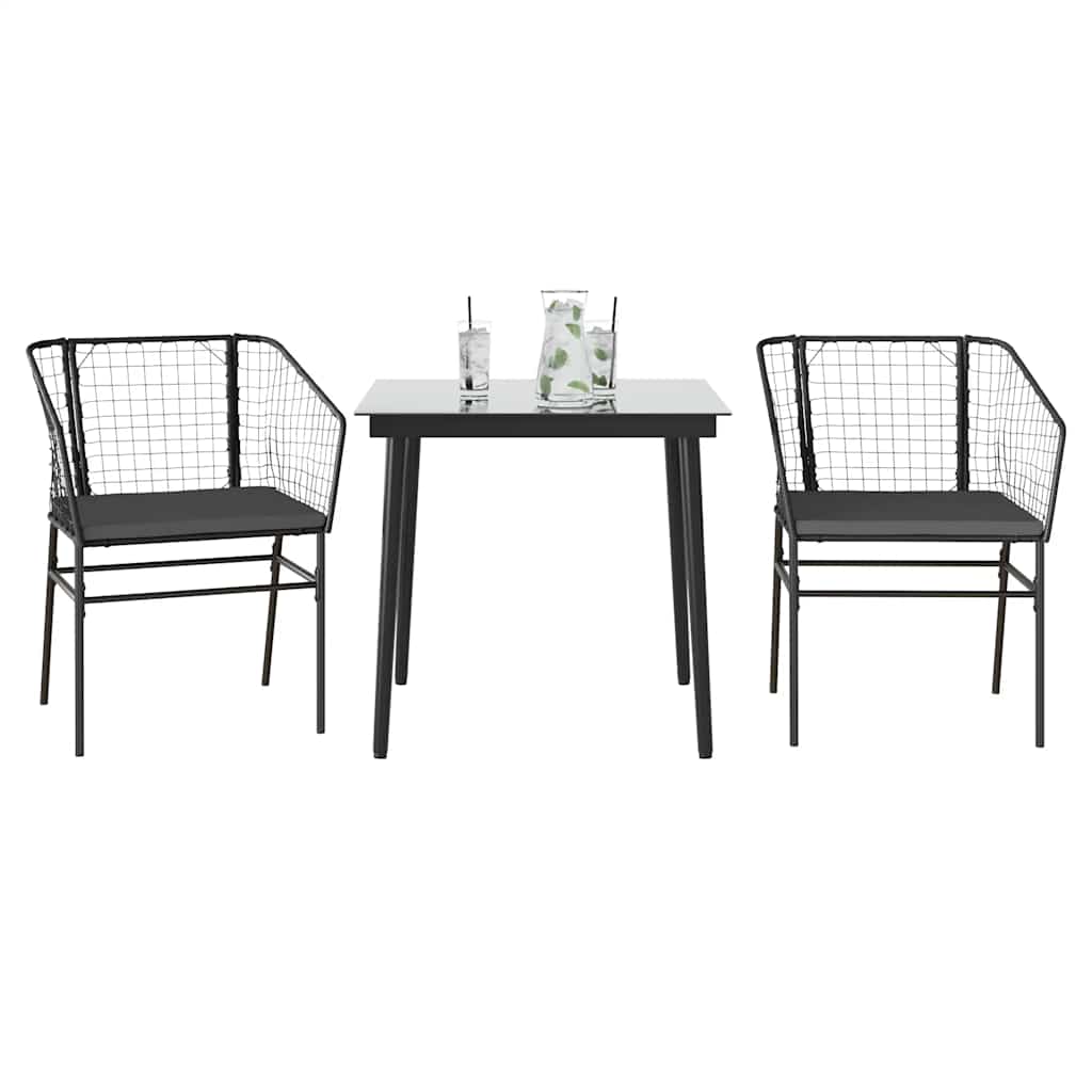 3 dele spisebordssæt til haven m. hynder polyrattan glas sort