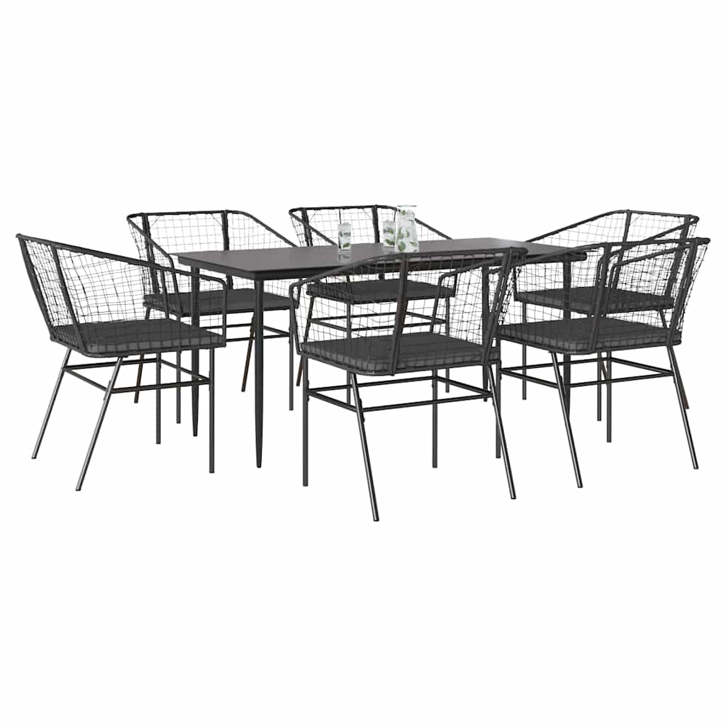 7 dele spisebordsst til haven m. hynder polyrattan glas sort