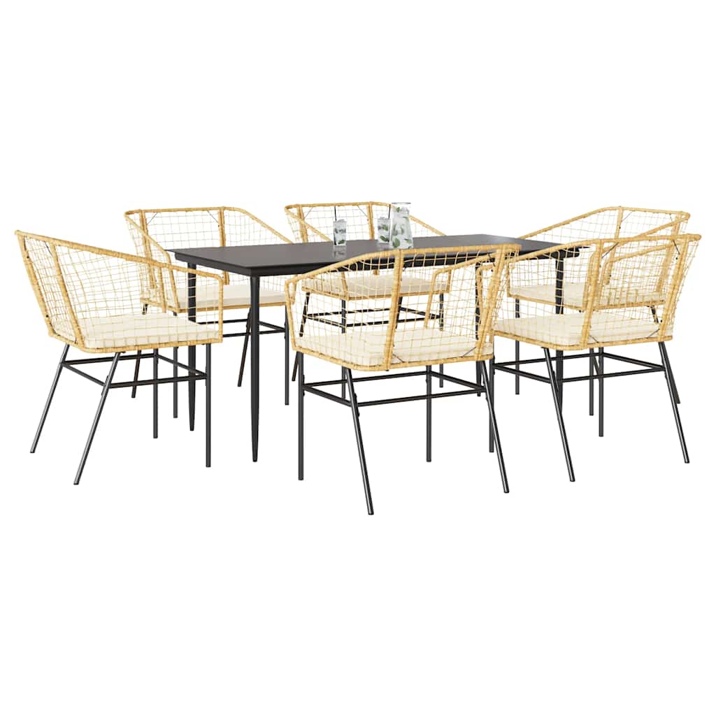 7 dele spisebordsst til haven m. hynder polyrattan glas brun