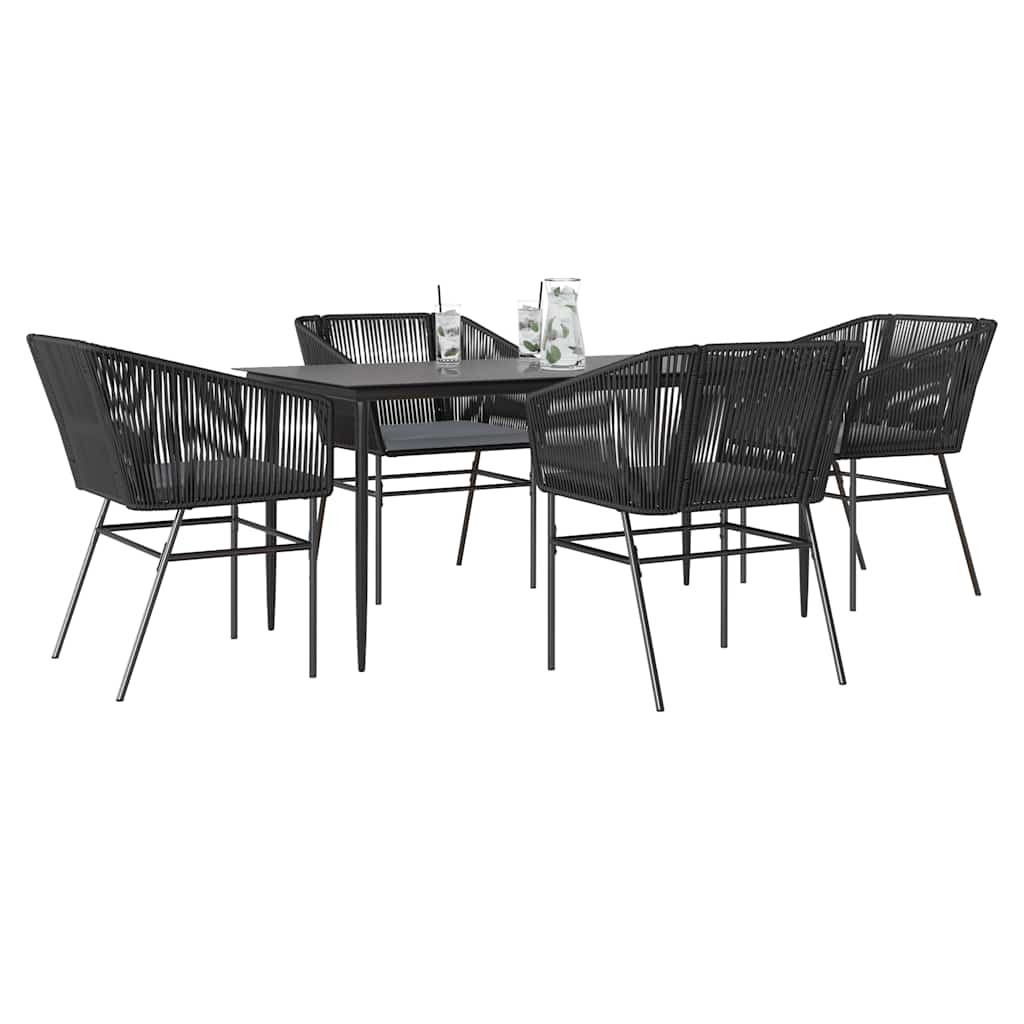 5 dele spisebordsst til haven m. hynder polyrattan glas sort