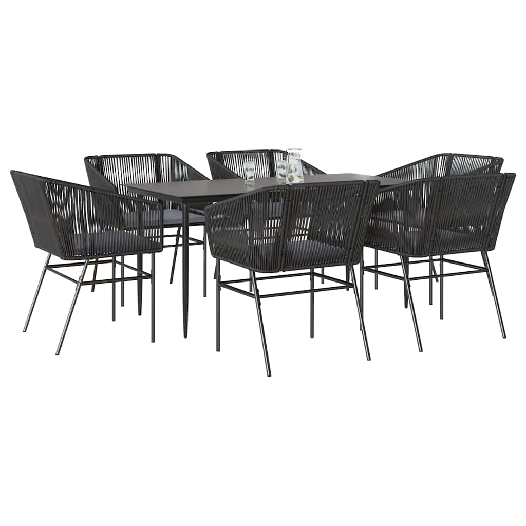 7 dele spisebordsst til haven m. hynder polyrattan glas sort