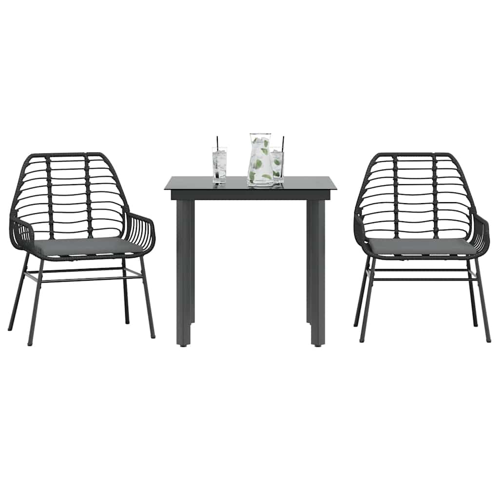 3 dele spisebordssæt til haven m. hynder polyrattan glas sort