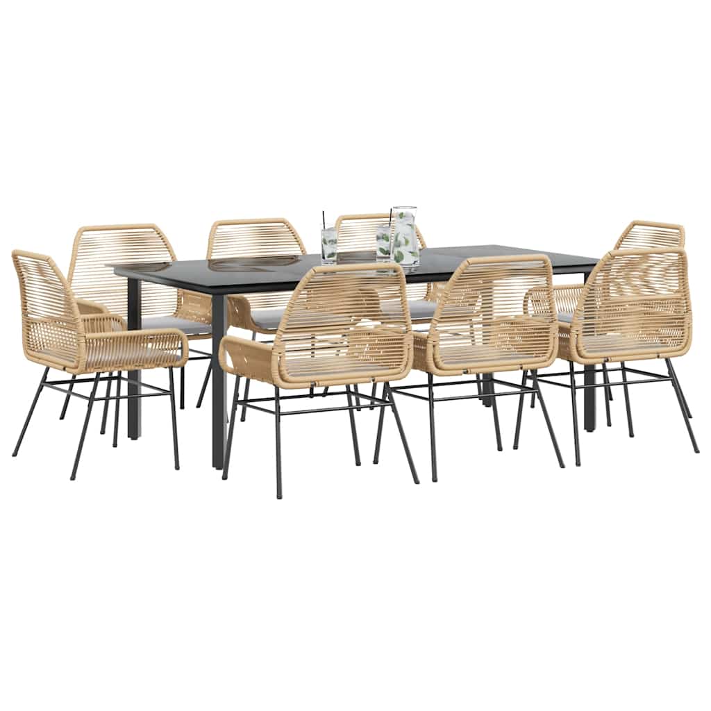 9 dele spisebordssæt til haven m. hynder polyrattan glas brun billede