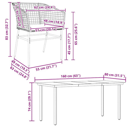 5 dele spisebordssæt til haven m. hynder polyrattan glas brun