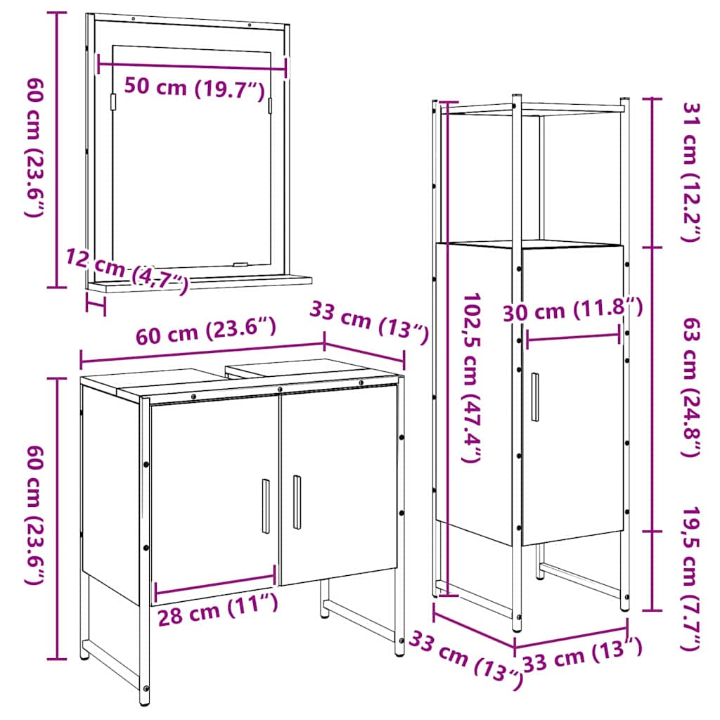 Badeværelsesmøbel sæt med hylde 3 pcs Brun Konstrueret træ