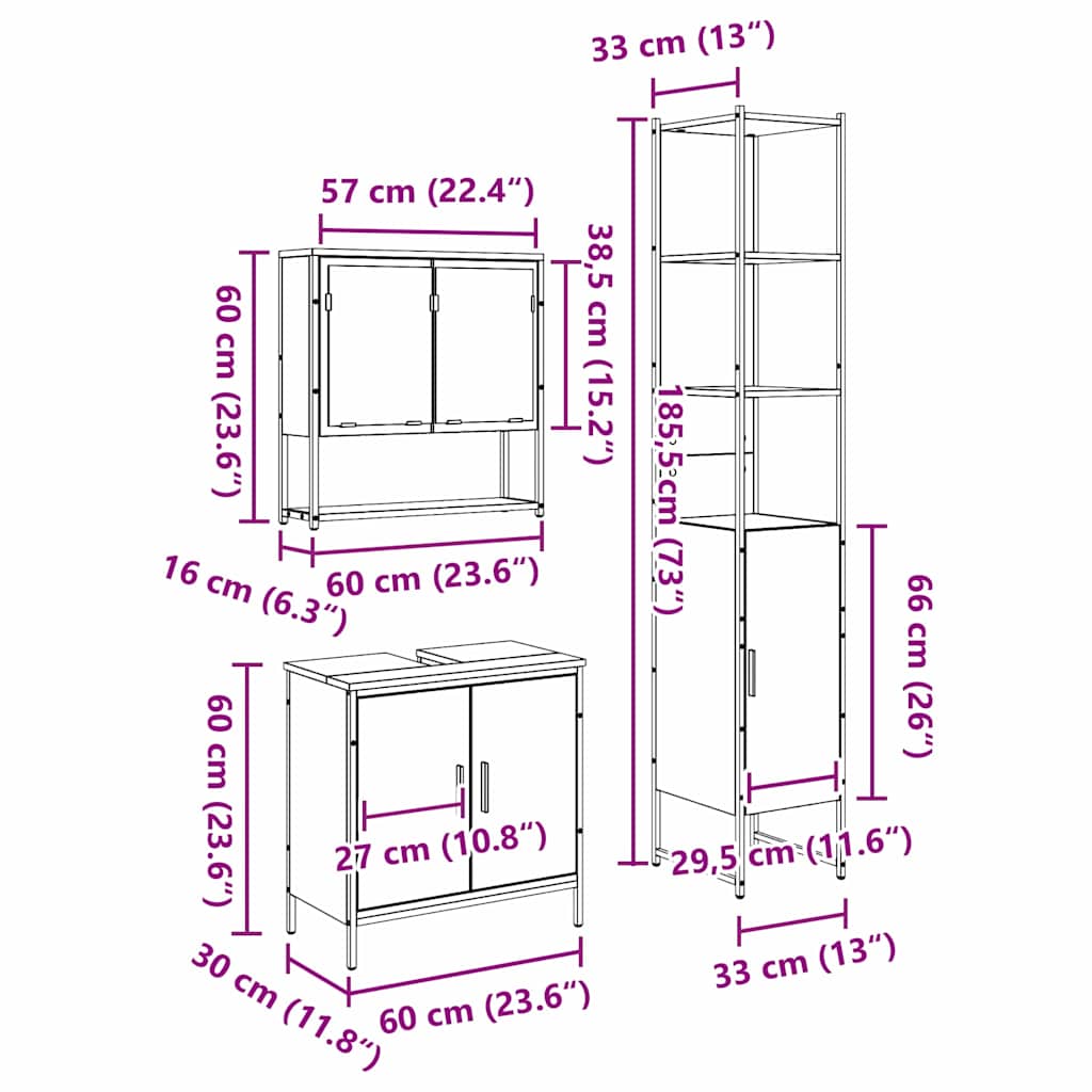Badeværelsesmøbel sæt med hylde 3 pcs Brun Konstrueret træ