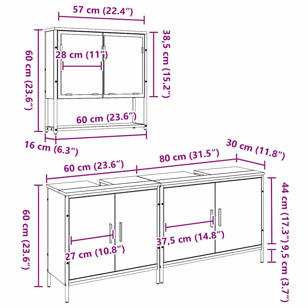 Badeværelsesmøbel sæt med hylde 3 pcs Brun Konstrueret træ