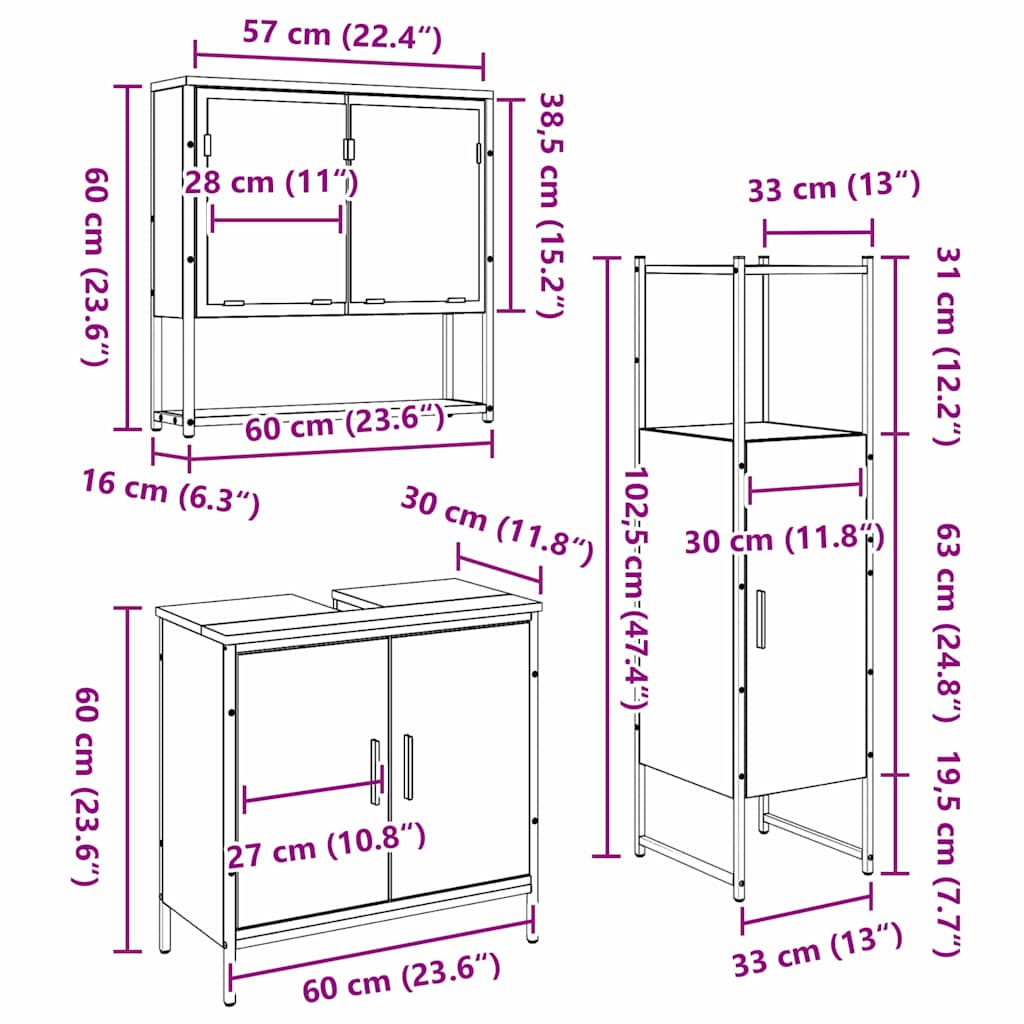 Badeværelsesmøbel sæt med hylde 3 pcs Brun Konstrueret træ