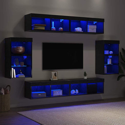 TV-møbelsæt med LED -strimmellys 8 pcs Sort eg Konstrueret træ