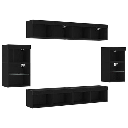 TV-møbelsæt med LED -strimmellys 8 pcs Sort eg Konstrueret træ