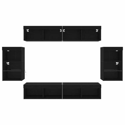 TV-møbelsæt med LED -strimmellys 8 pcs Sort eg Konstrueret træ