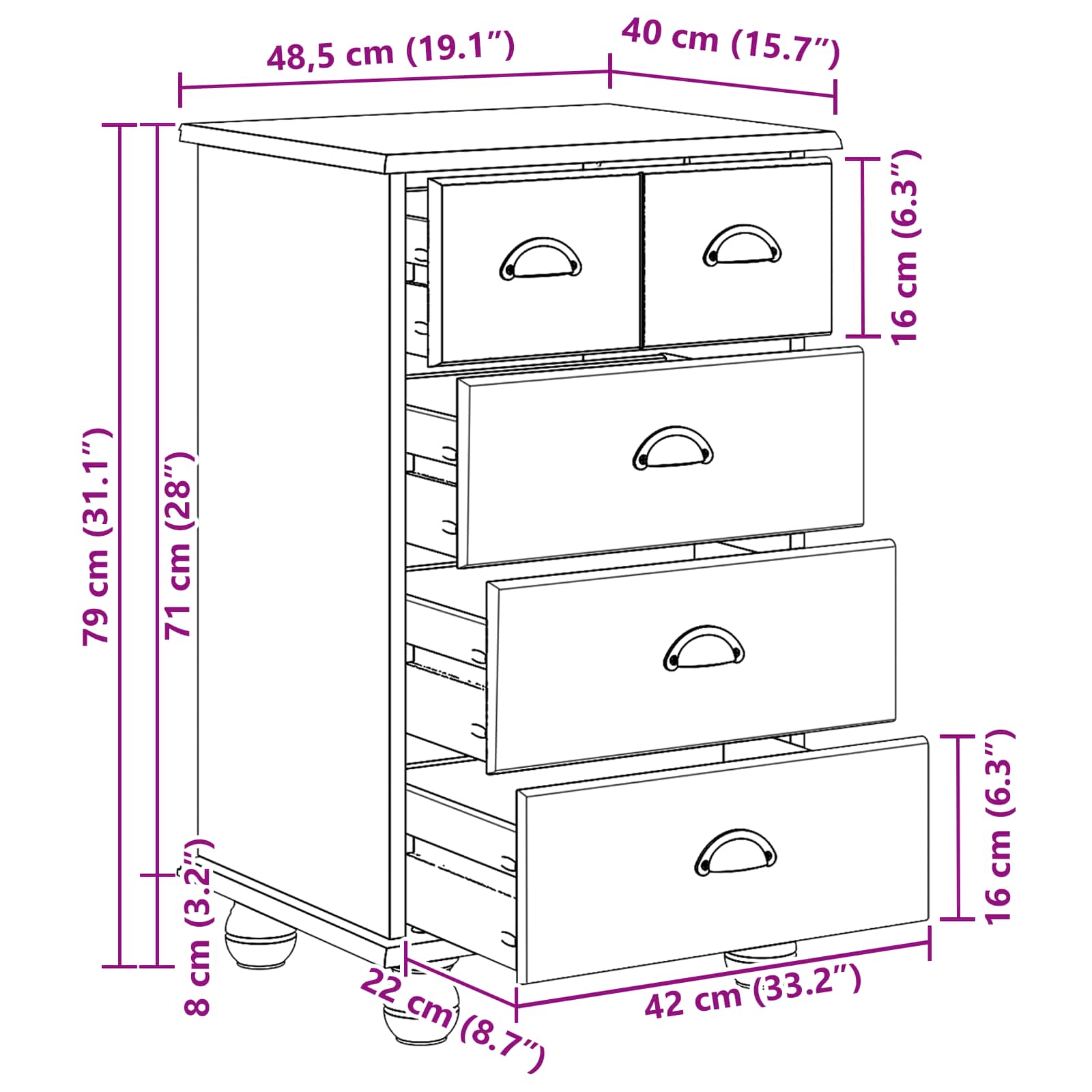 Skuffeskab ASKIM Hvid 45,8 x 40 x 79 cm Massiv fyrretræ
