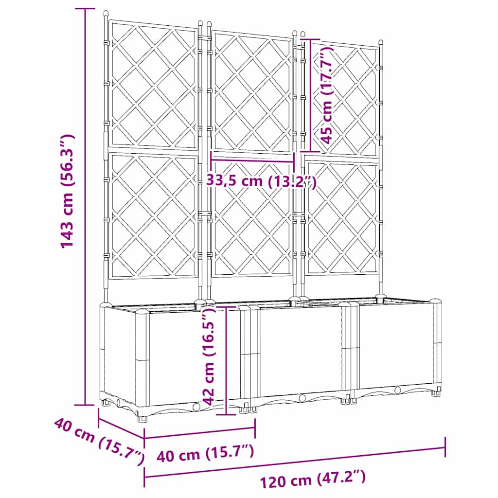 Havekrukke med trellis 3 pcs Sort 120 x 40 x 143 cm PP