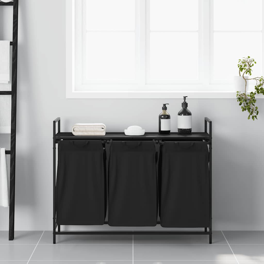 vasketøjskurv 3 rum med hylde sort egetræsfarve