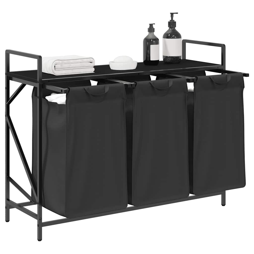 vasketøjskurv 3 rum med hylde sort egetræsfarve