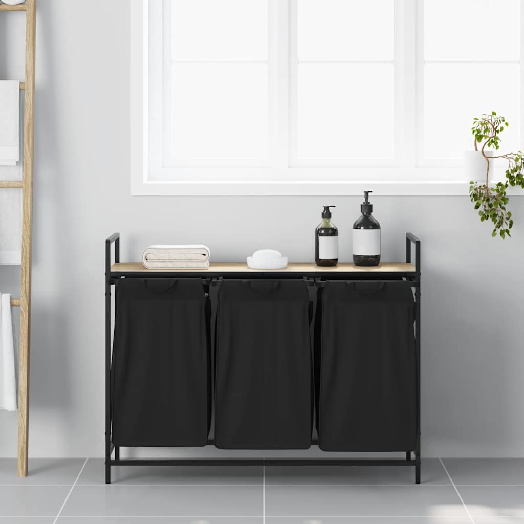 vasketøjskurv 3 rum med hylde sonoma-eg