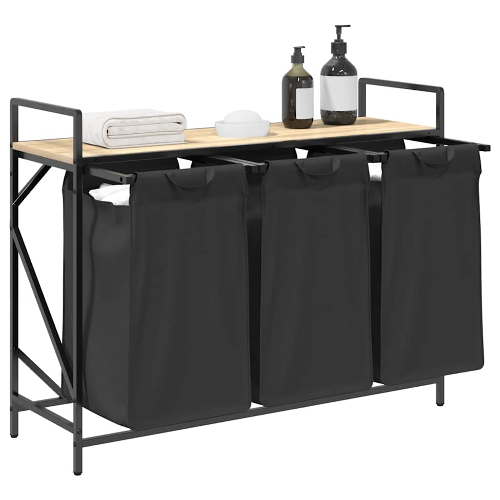 vasketøjskurv 3 rum med hylde sonoma-eg