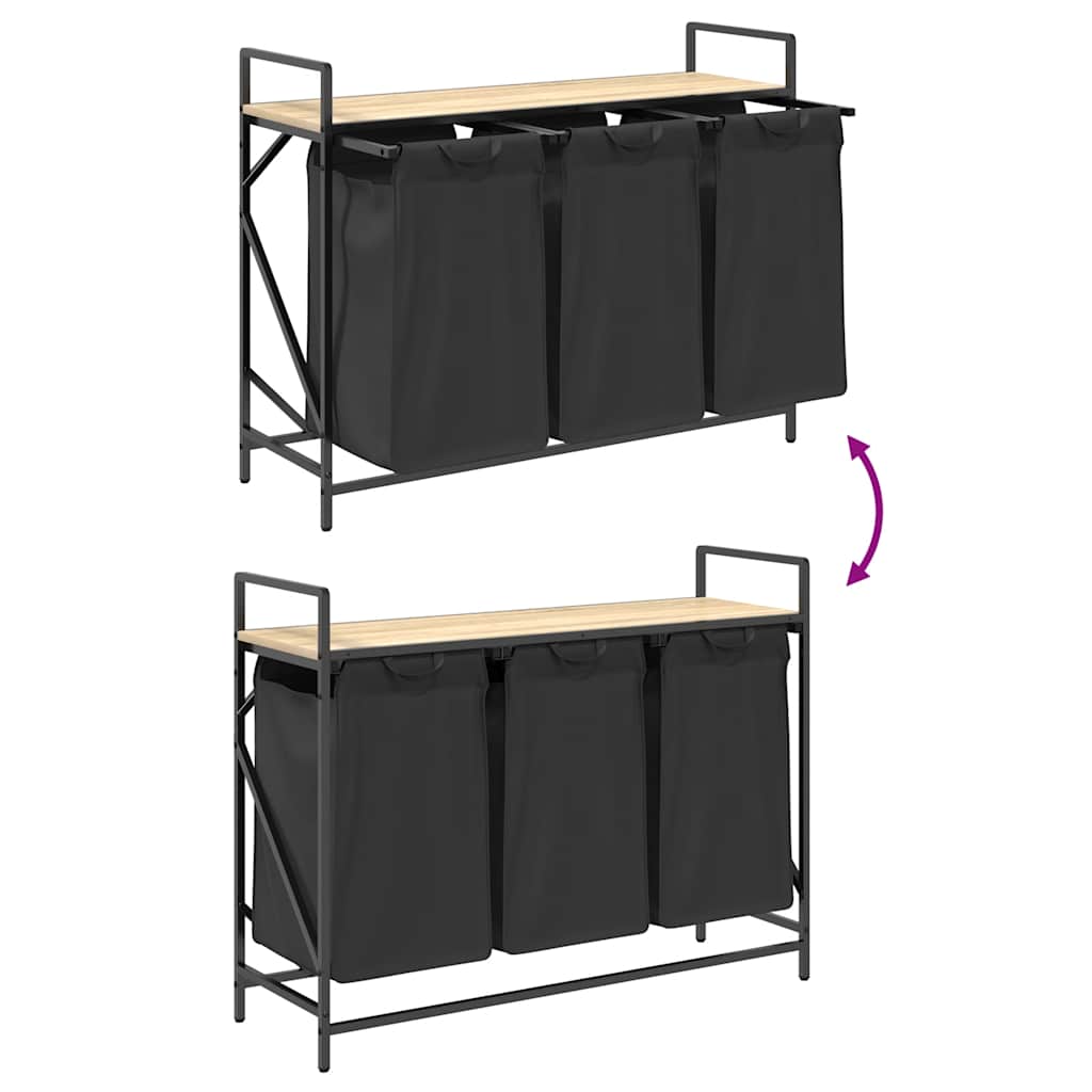 vasketøjskurv 3 rum med hylde sonoma-eg