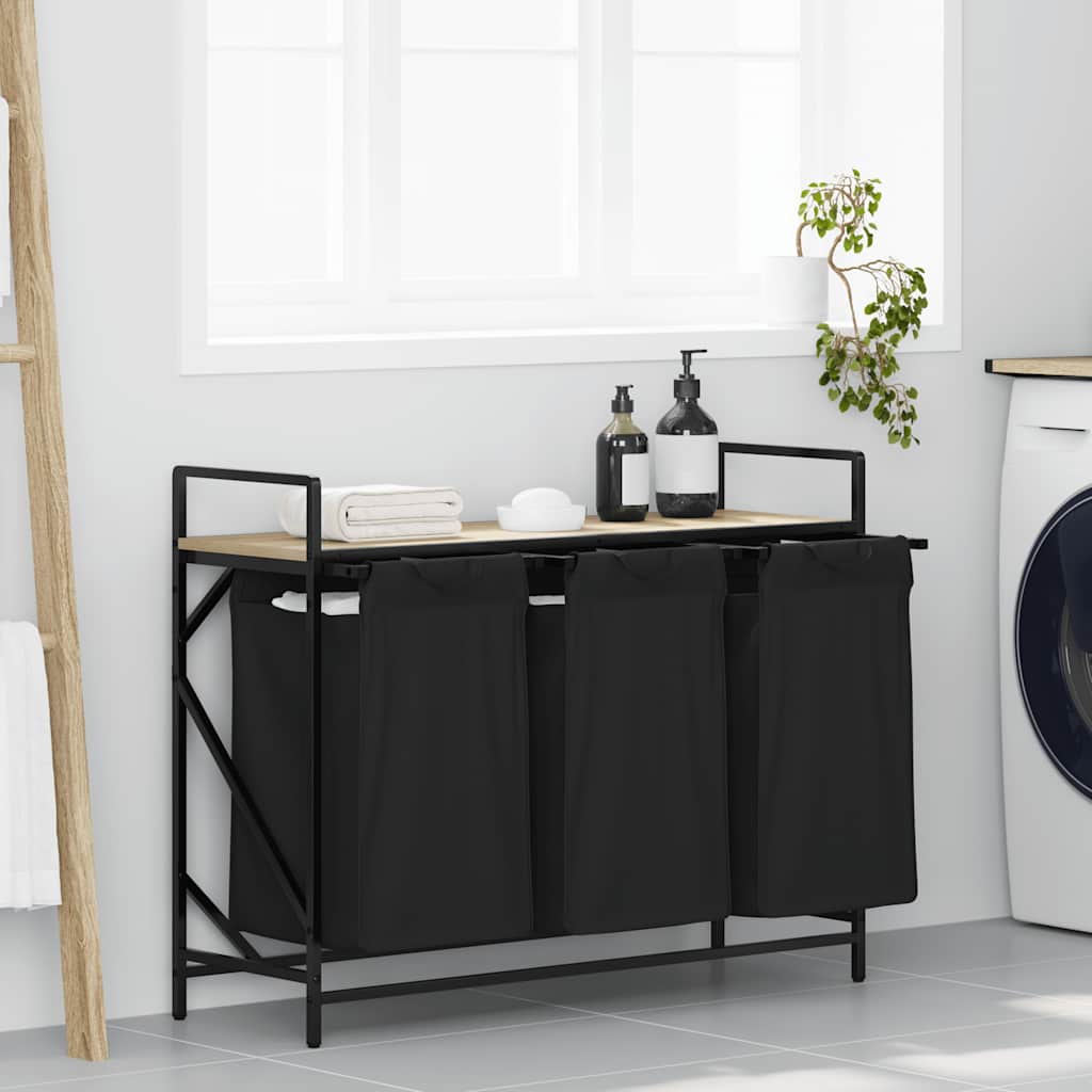 vasketøjskurv 3 rum med hylde sonoma-eg