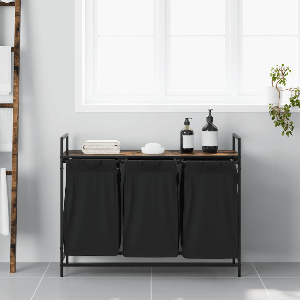 vasketøjskurv 3 rum med hylde røget egetræsfarve