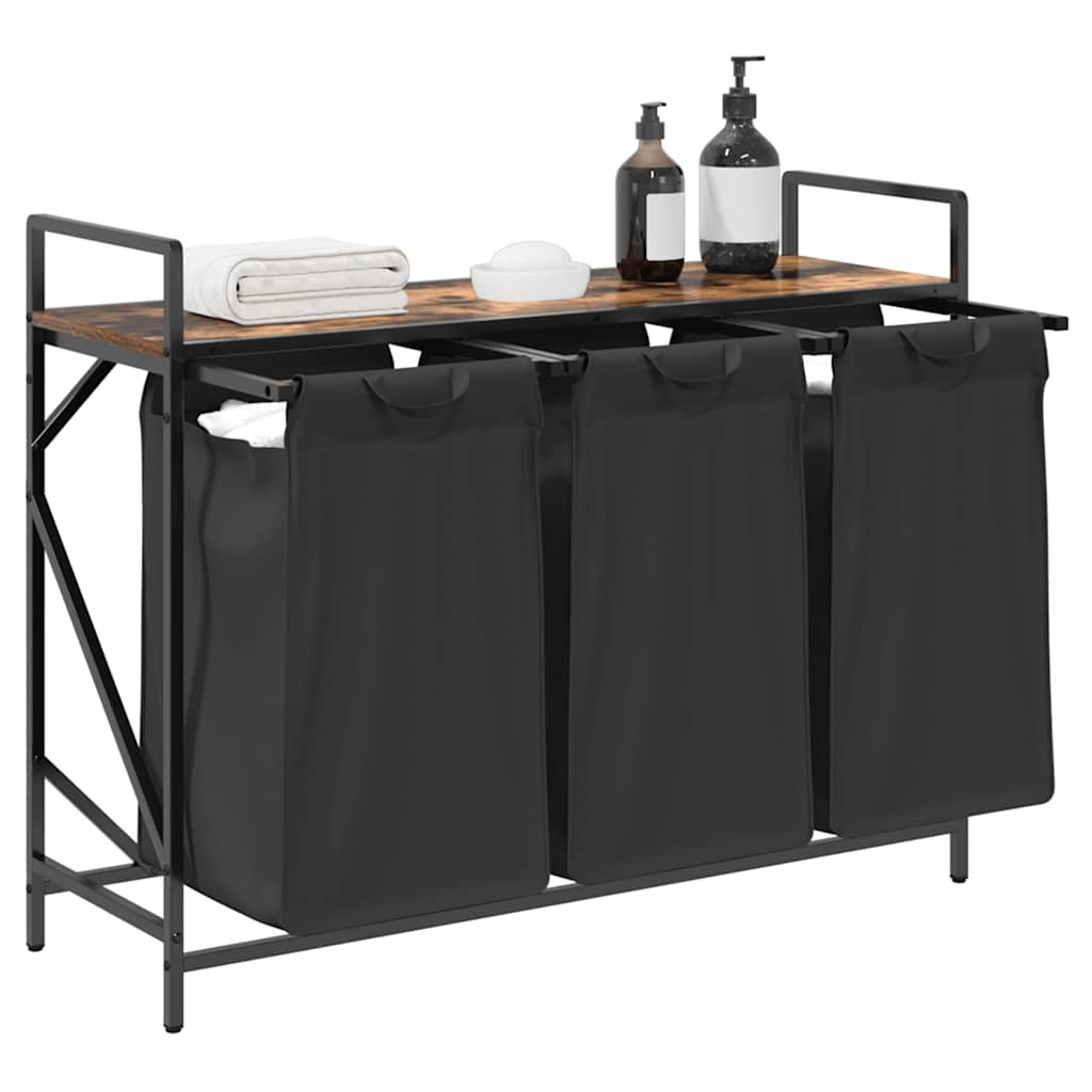 vasketøjskurv 3 rum med hylde røget egetræsfarve