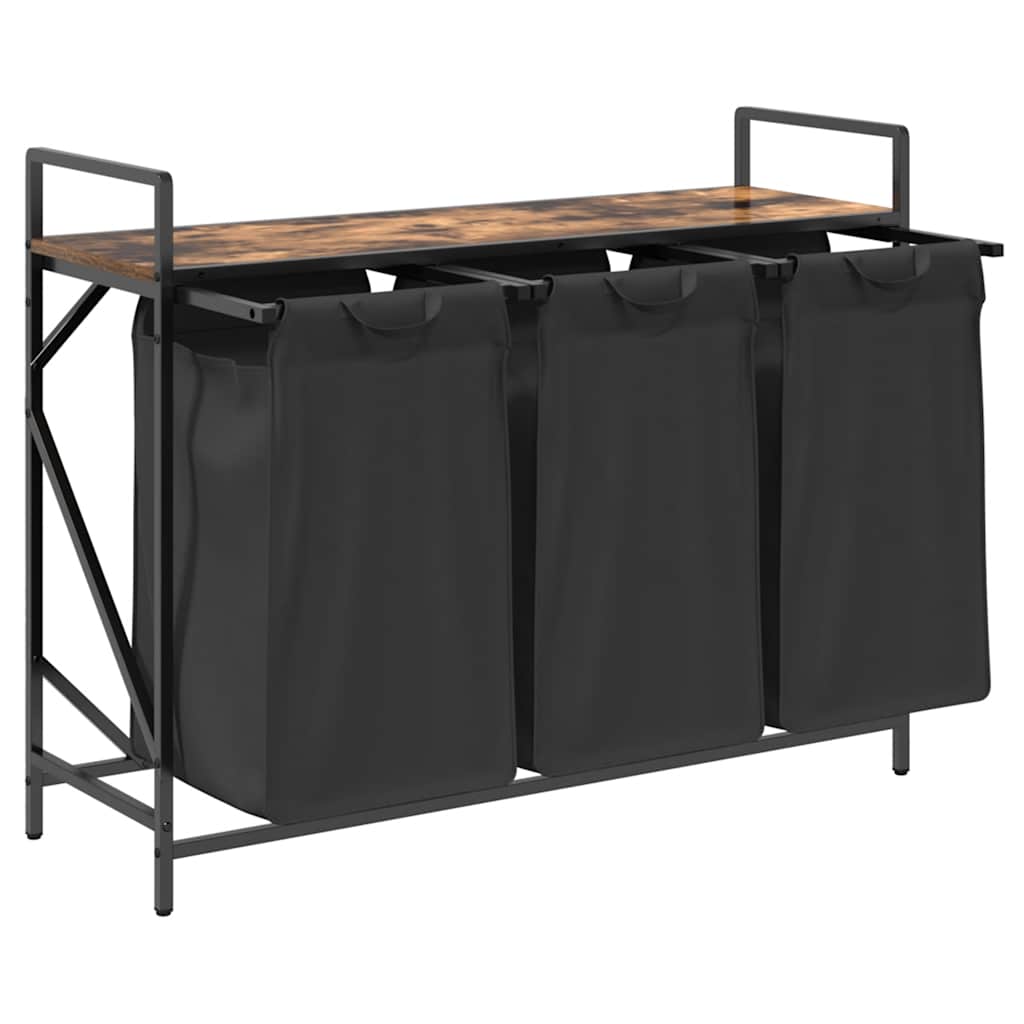 vasketøjskurv 3 rum med hylde røget egetræsfarve