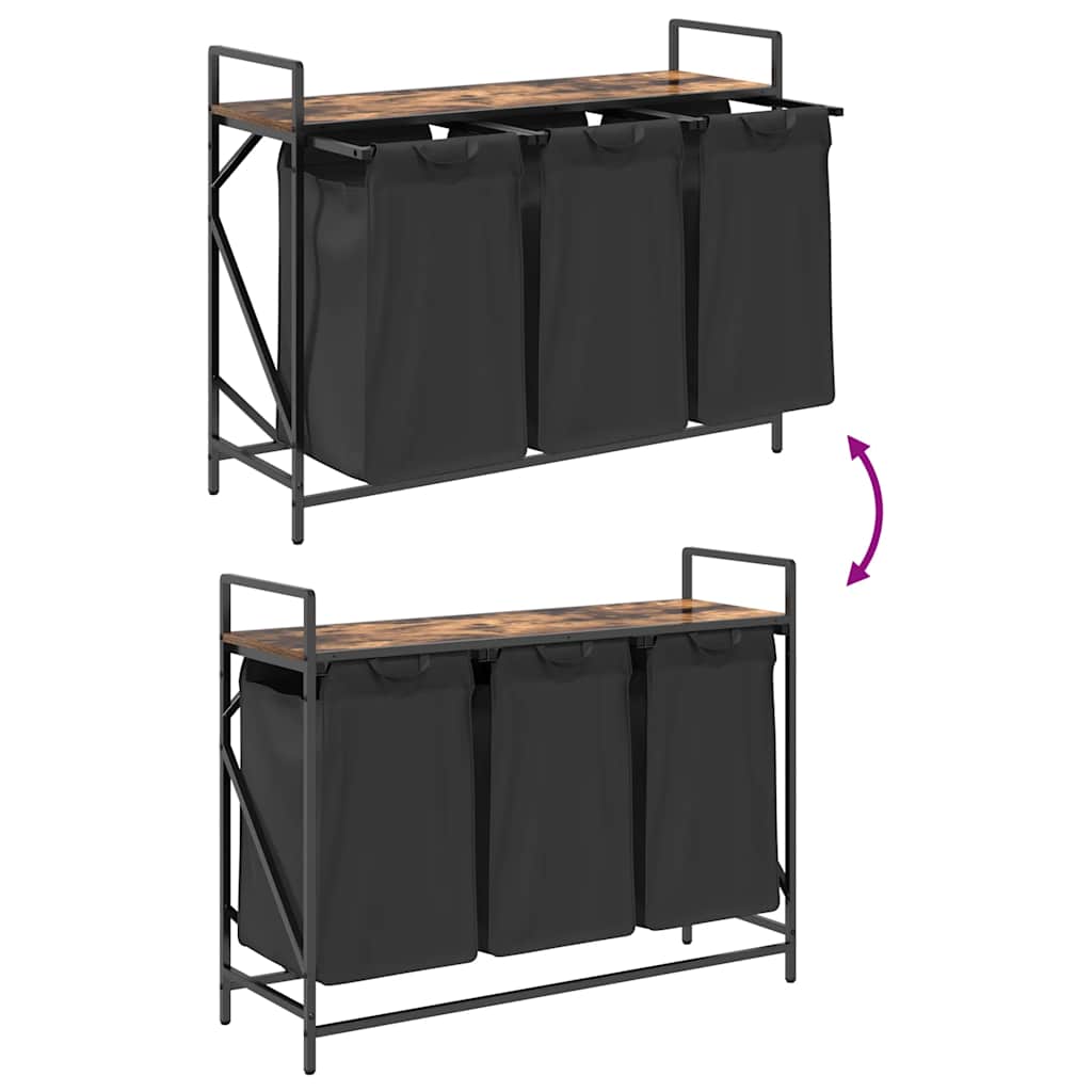 vasketøjskurv 3 rum med hylde røget egetræsfarve