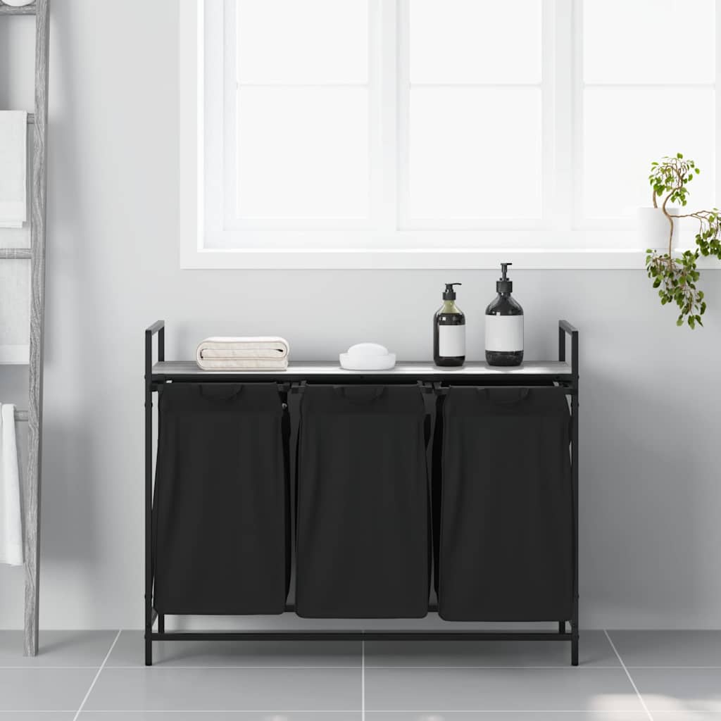 vasketøjskurv 3 rum med hylde grå sonoma-eg