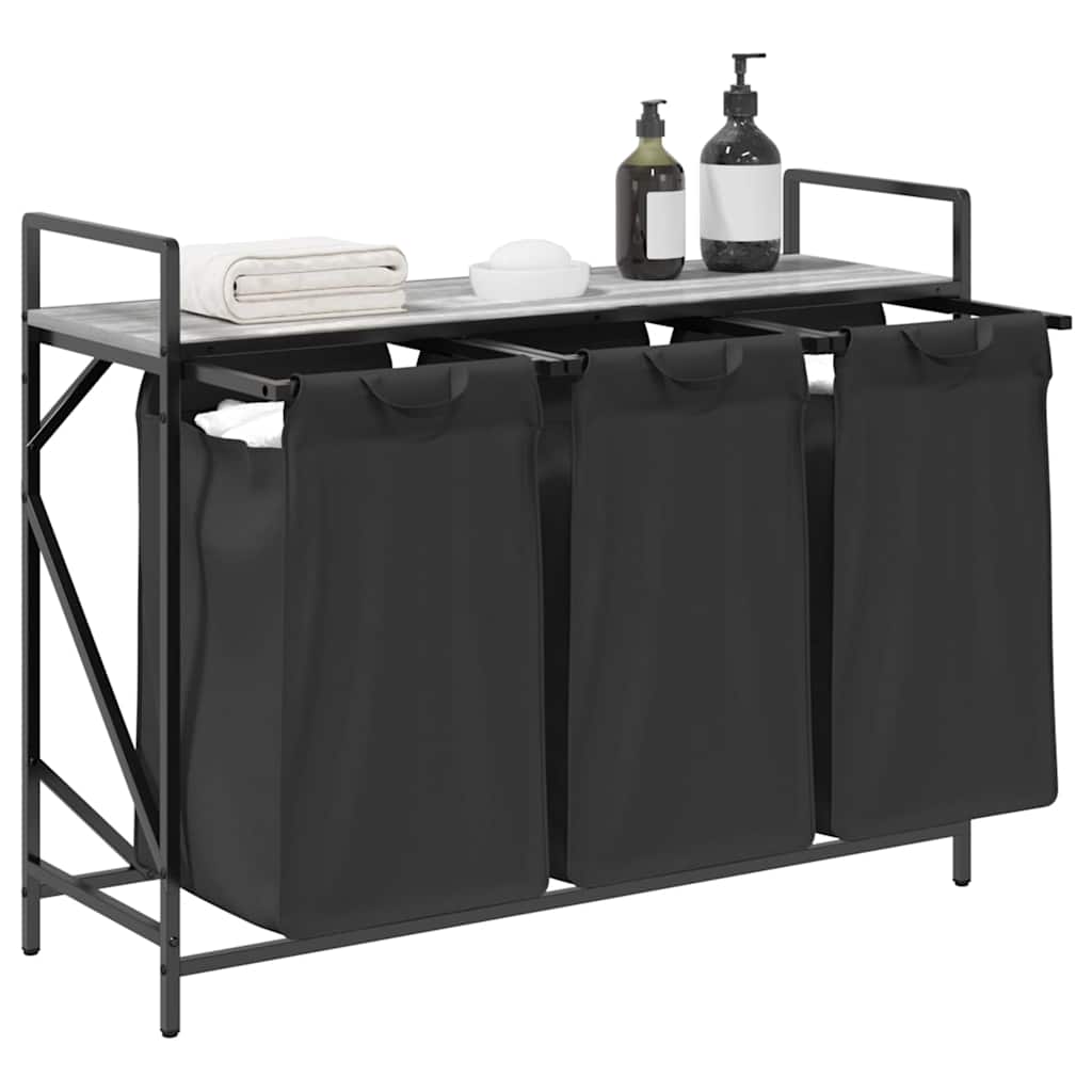 vasketøjskurv 3 rum med hylde grå sonoma-eg