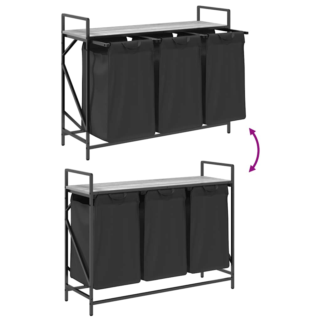 vasketøjskurv 3 rum med hylde grå sonoma-eg