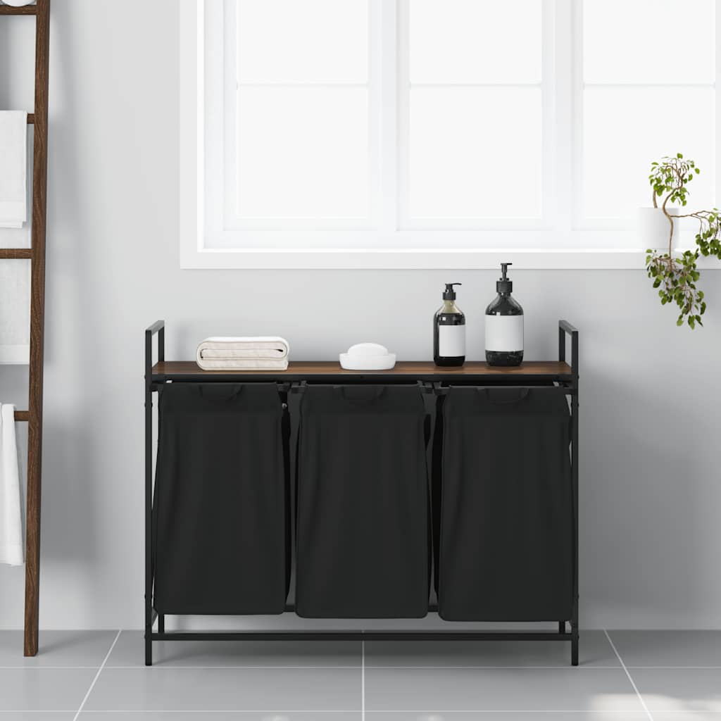 vasketøjskurv 3 rum med hylde brun egetræsfarve