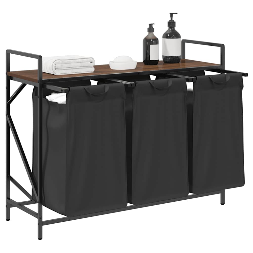 vasketøjskurv 3 rum med hylde brun egetræsfarve