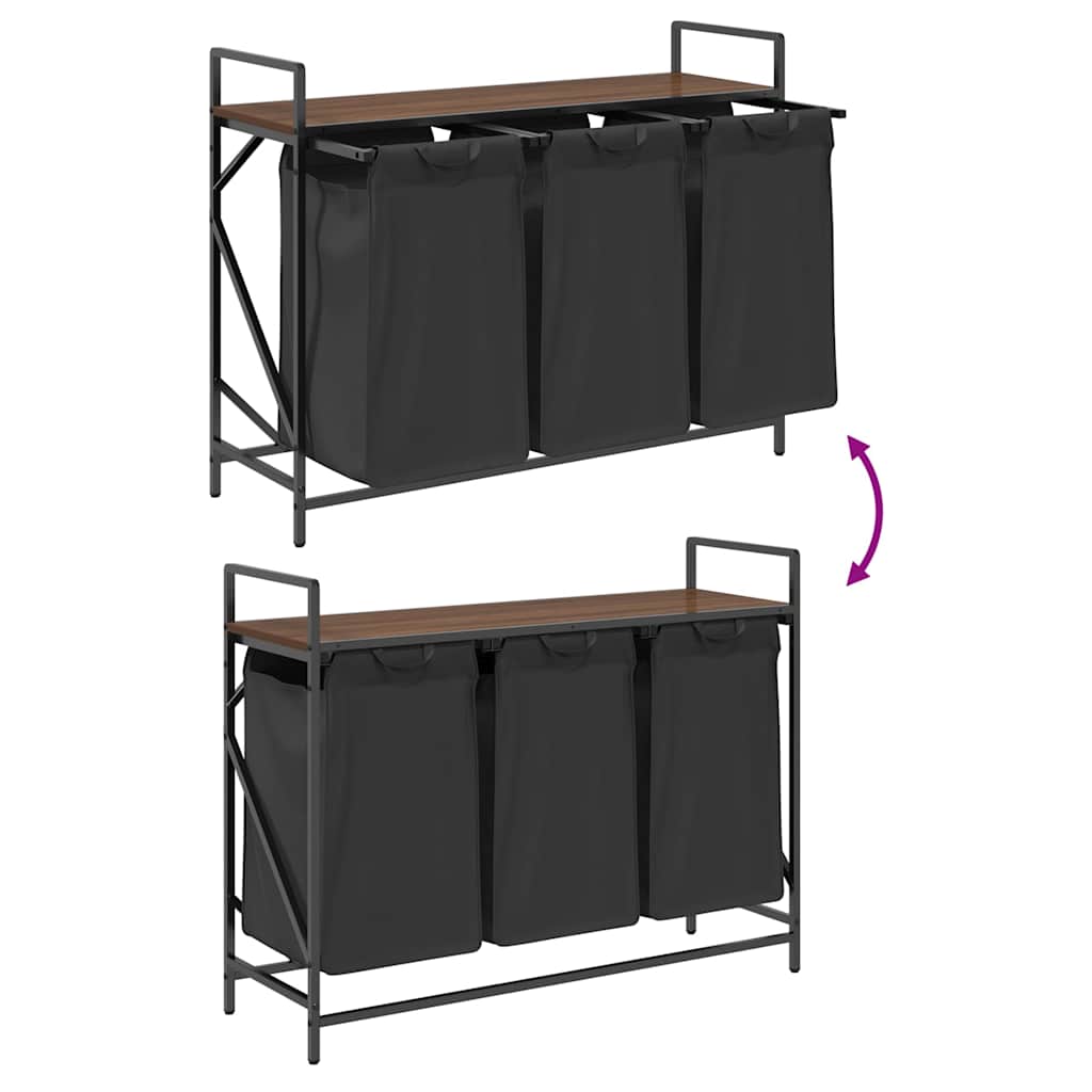 vasketøjskurv 3 rum med hylde brun egetræsfarve