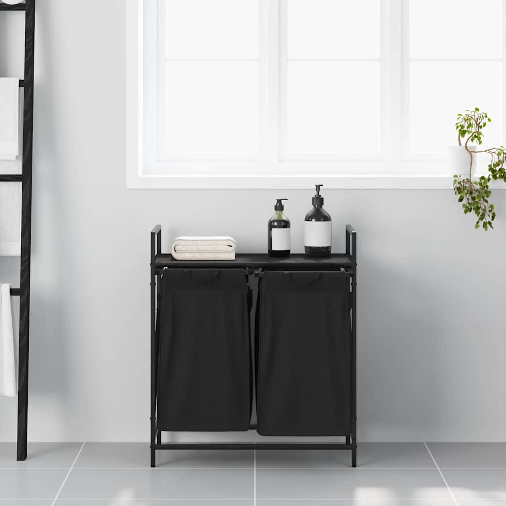 vasketøjskurv 2 rum med hylde sort egetræsfarve