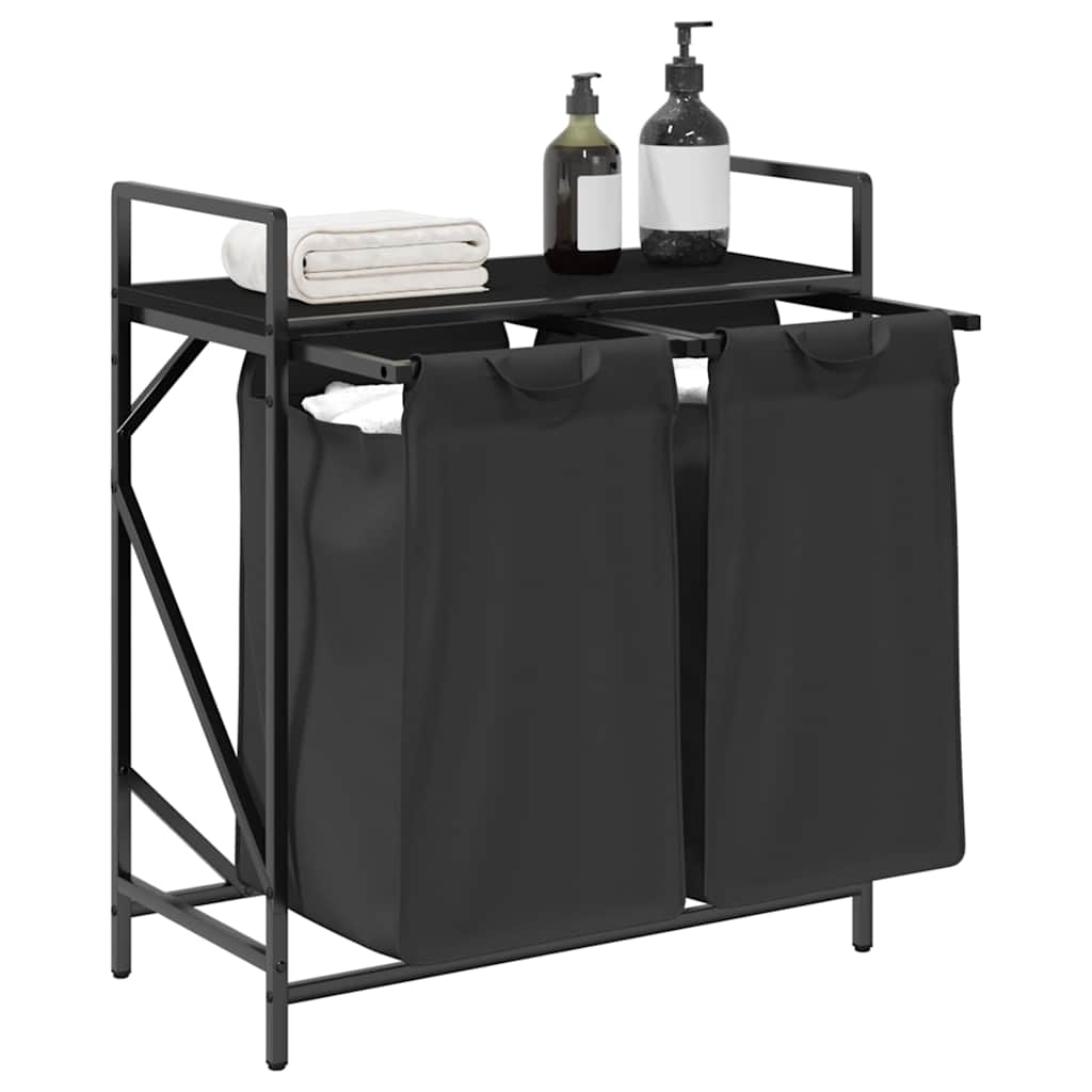 vasketøjskurv 2 rum med hylde sort egetræsfarve