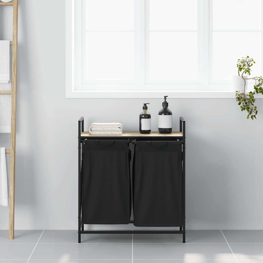 vasketøjskurv 2 rum med hylde sonoma-eg