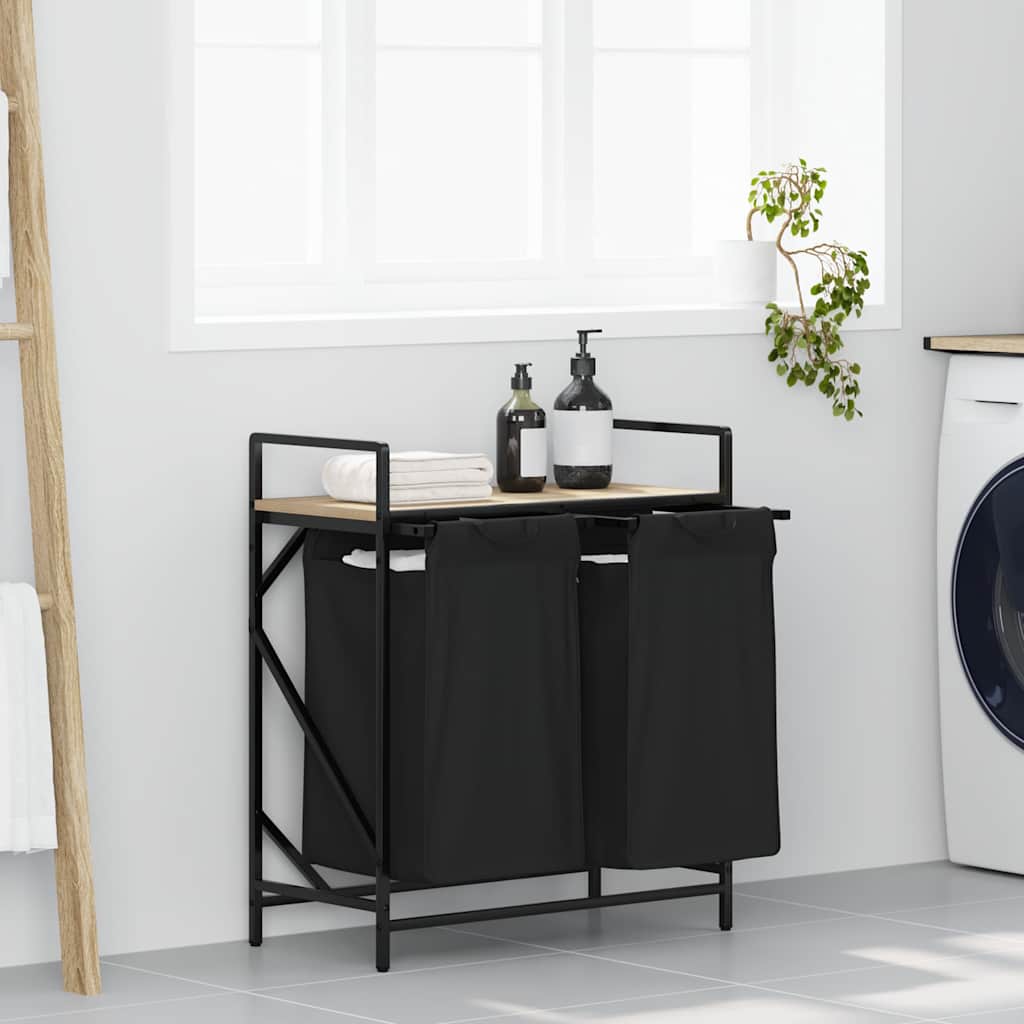 vasketøjskurv 2 rum med hylde sonoma-eg