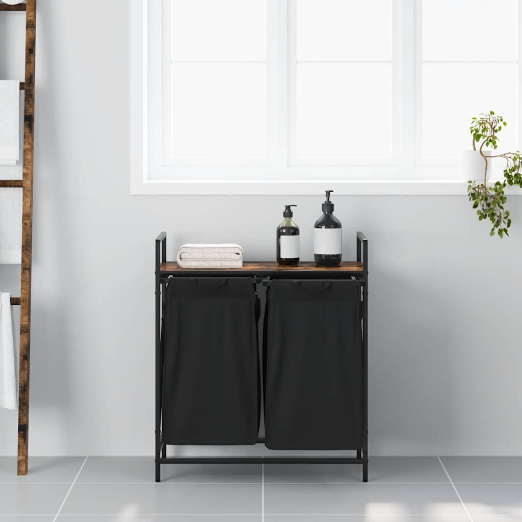 vasketøjskurv 2 rum med hylde røget egetræsfarve