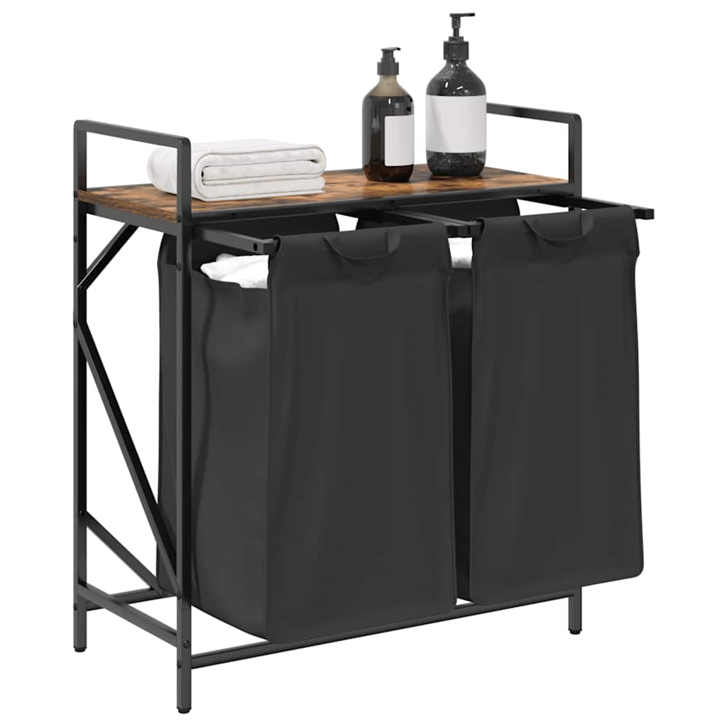 vasketøjskurv 2 rum med hylde røget egetræsfarve