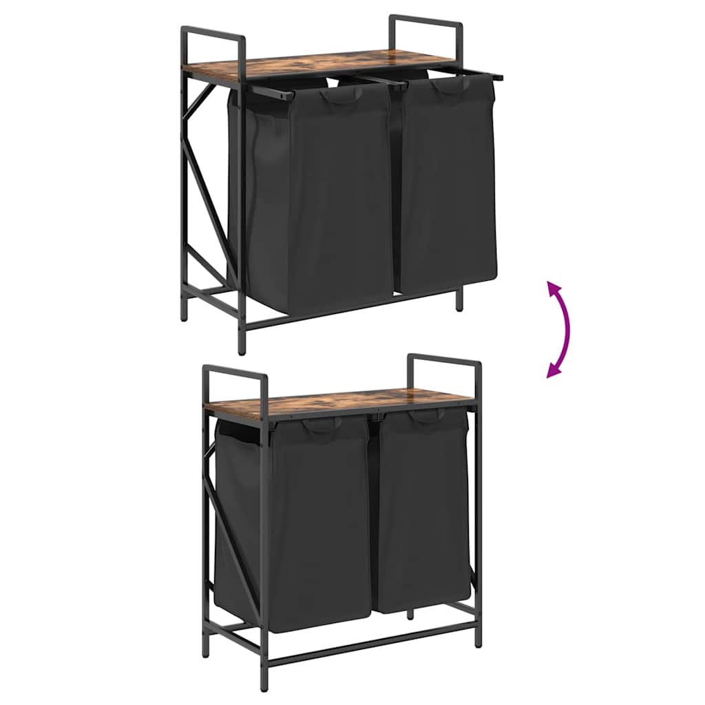 vasketøjskurv 2 rum med hylde røget egetræsfarve