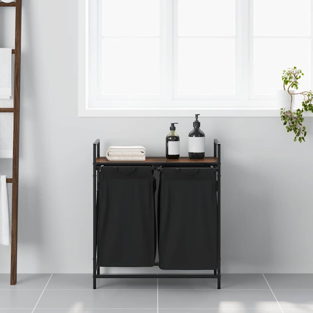 vasketøjskurv 2 rum med hylde brun egetræsfarve