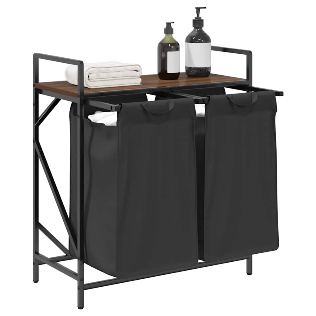 vasketøjskurv 2 rum med hylde brun egetræsfarve