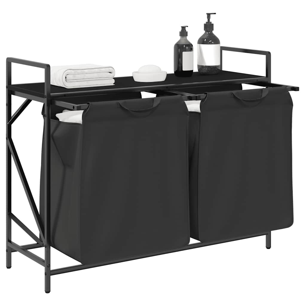 vasketøjskurv 2 rum med hylde sort egetræsfarve